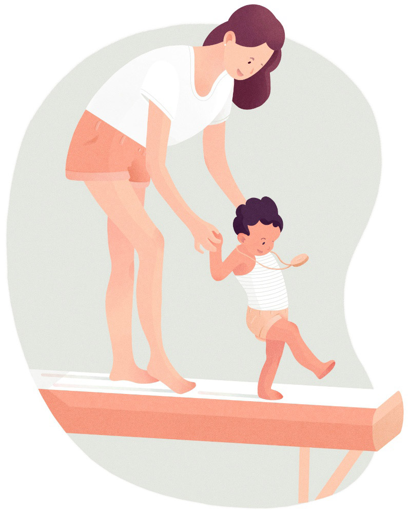 Illustration of a family olympics event, in which a mother helps her child navigate a balance beam.